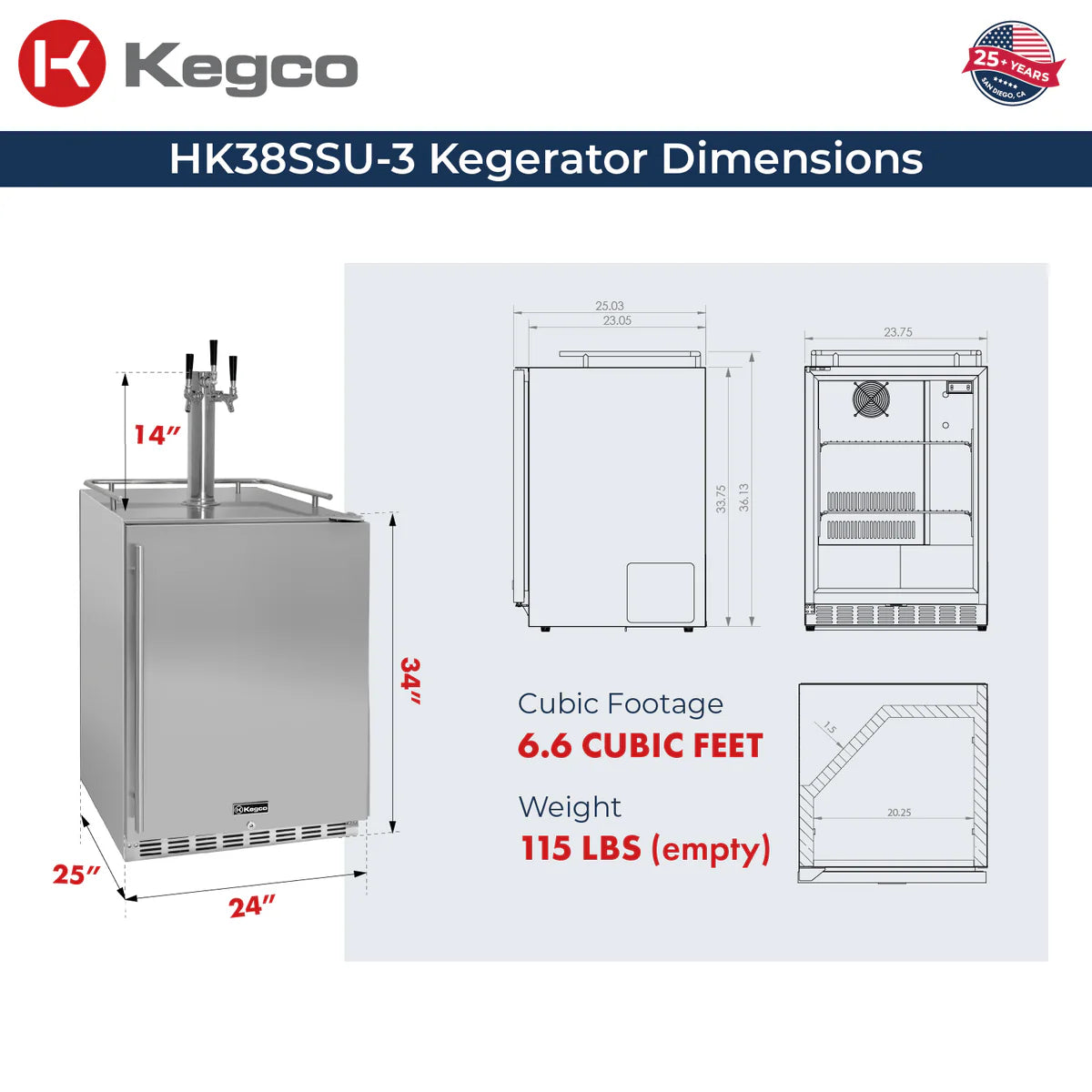 24" Wide Triple Tap All Stainless Steel Outdoor Built-In Right Hinge Kegerator with Kit