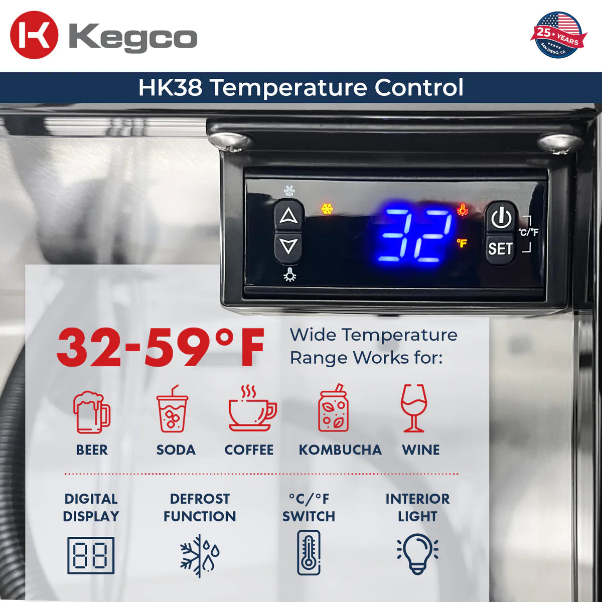 Dual Faucet Digital Outdoor Undercounter Left Hinge Kegerator with X-CLUSIVE Premium Direct Draw Kit